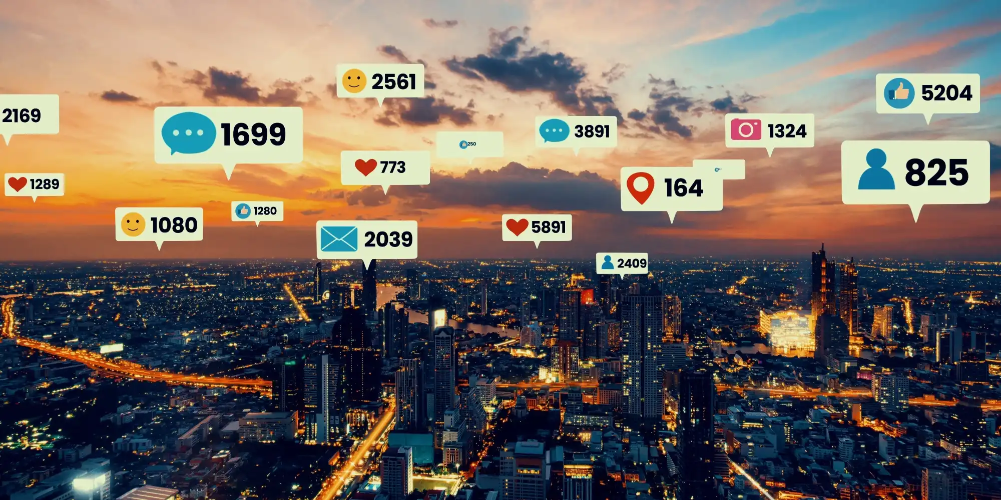 social media activity showing how pervasive it is over a city landscape